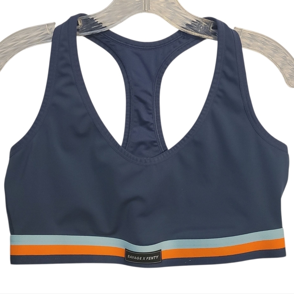 Savage Fenty | Women's Navy Blue V-Neck Sports Bra With Orange Stripe (Size 1X)